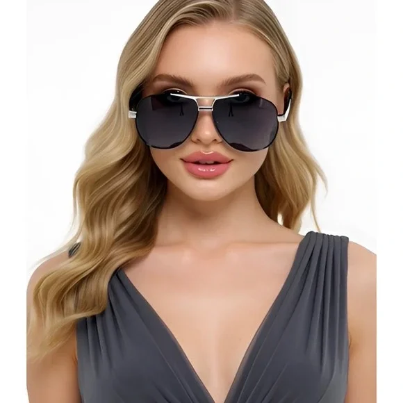 Aviator Sunglasses Women Dark Lenses Silver Metal Frame Black Arms Chic Fashion - Picture 12 of 12